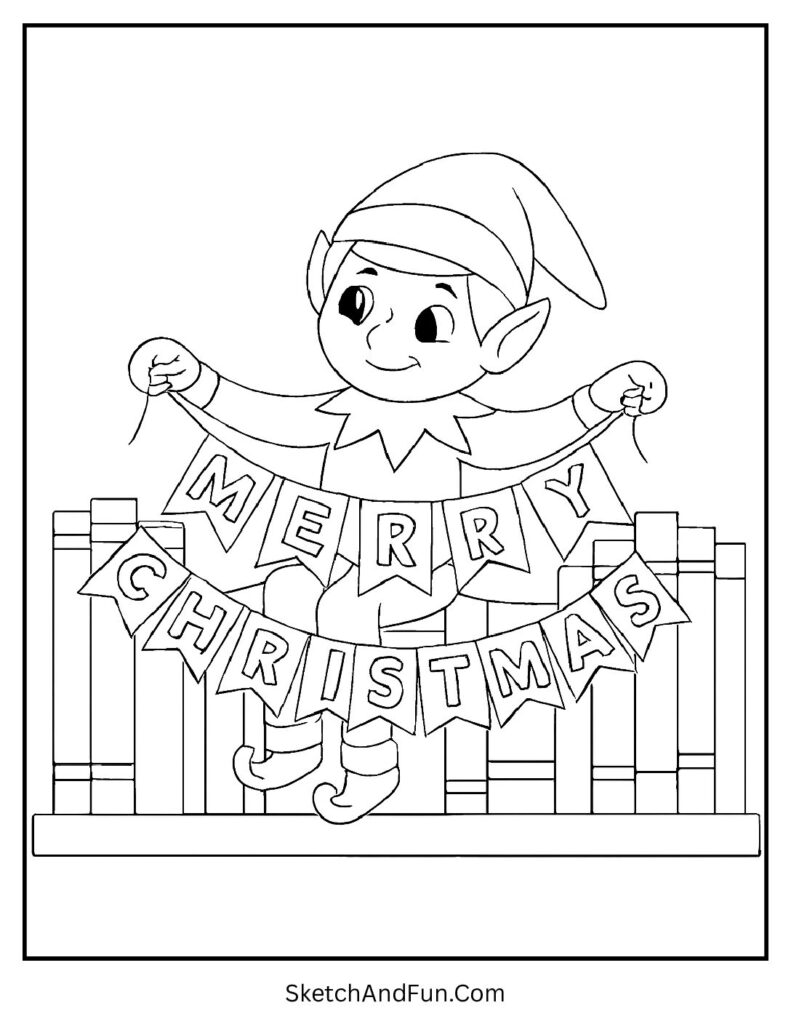 Elf hanging garland in elf on the shelf coloring pages for classroom activity.
