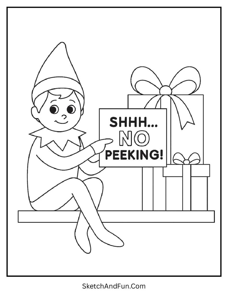 Elf with “No Peeking” card in elf on the shelf coloring pages activities sheet.