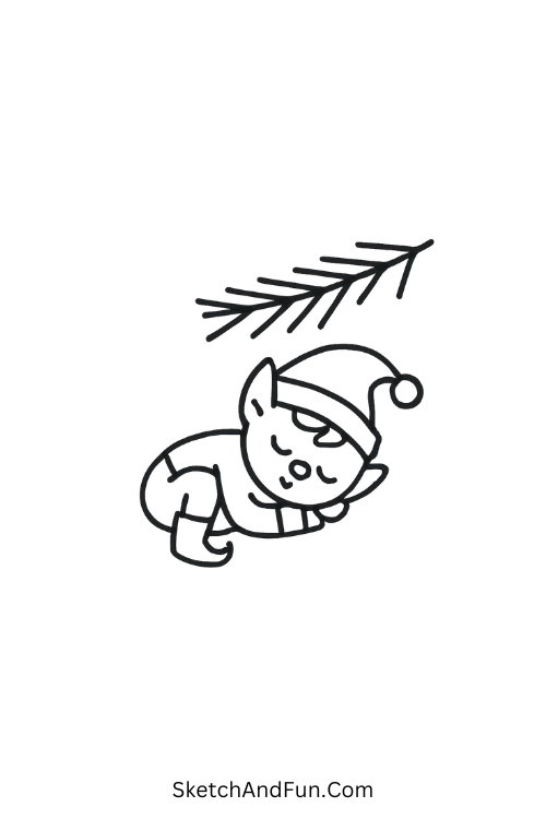 Elf napping under branch, cozy and cute idea for holiday drawing challenges.