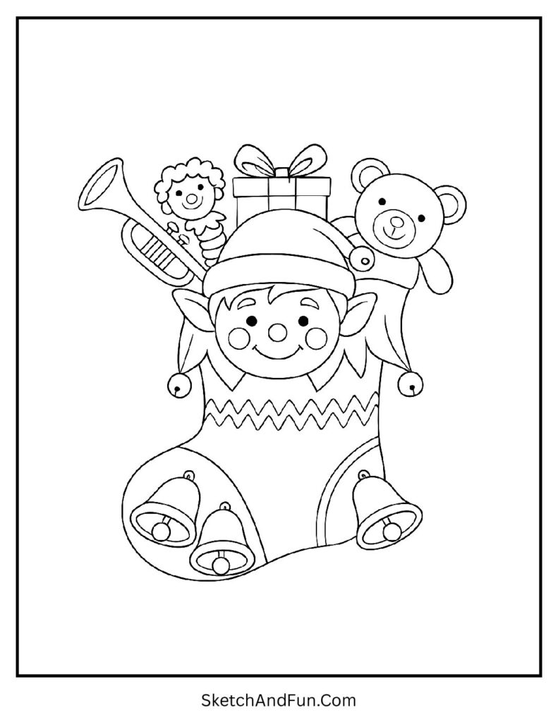 Elf’s Toy Stocking – Christmas stocking coloring pages for kids filled with toys and festive joy.