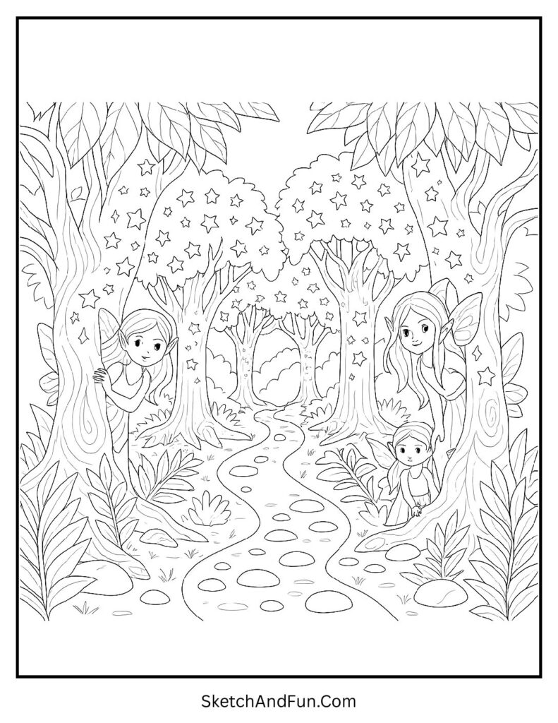Enchanted forest trail with fairy lights for aesthetic coloring pages educational.