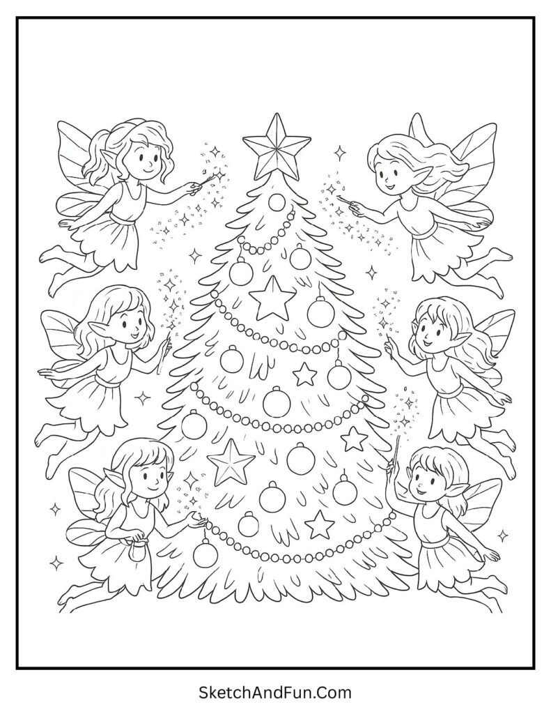 Fairies adding sparkle to branches for christmas tree coloring page themes.