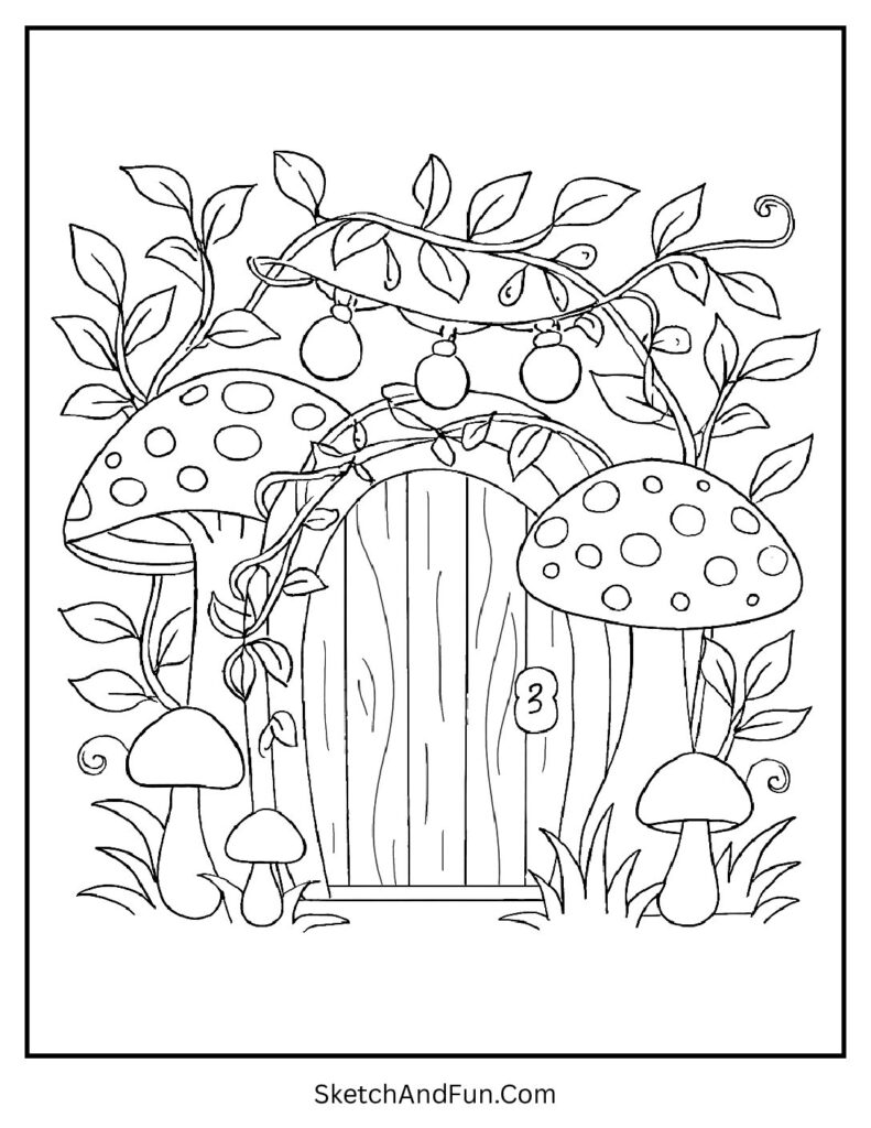 Fairy door with mushrooms and lights for boho aesthetic coloring pages.