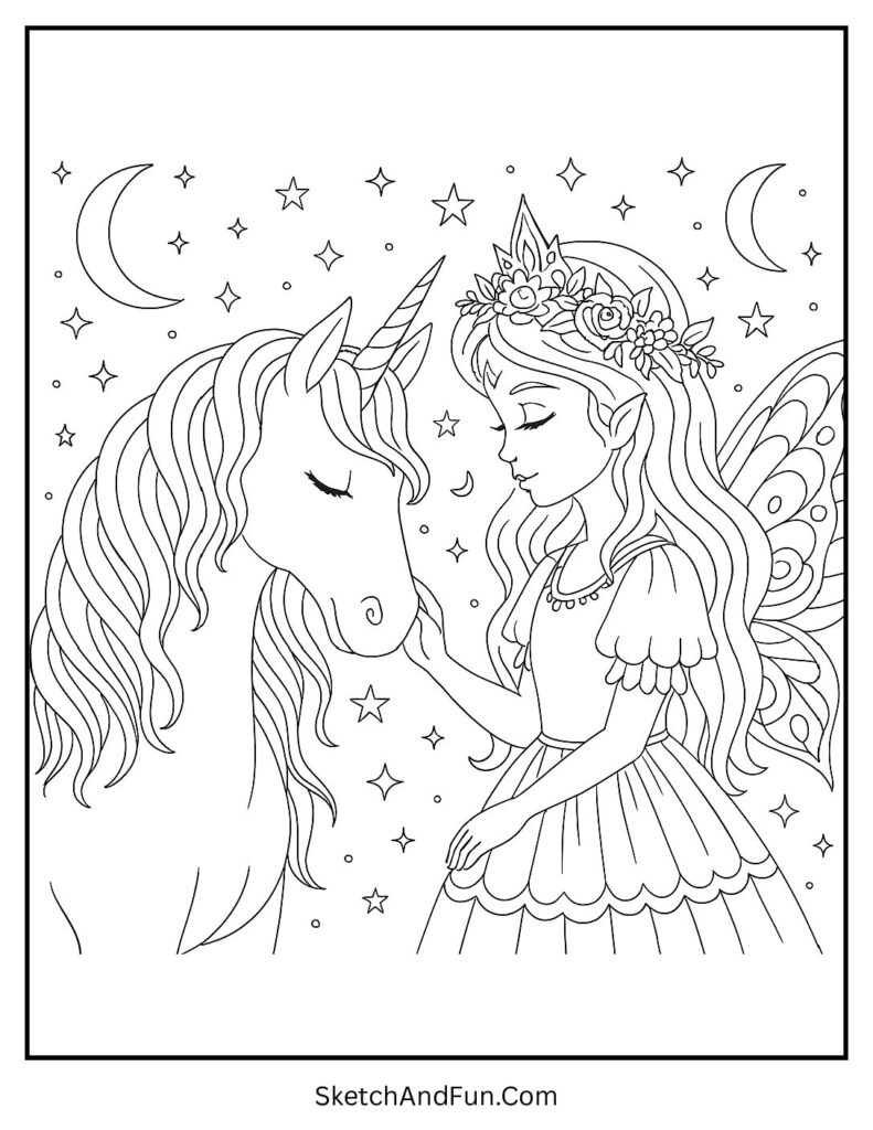 Fairy princess with unicorn under starlight for simple fairy coloring page for toddlers.