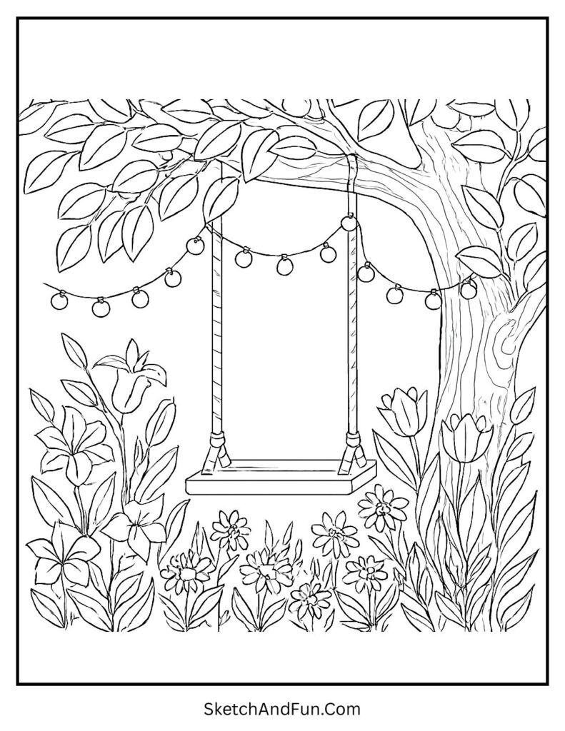 Swing under fairy lights for aesthetic coloring pages premium download.