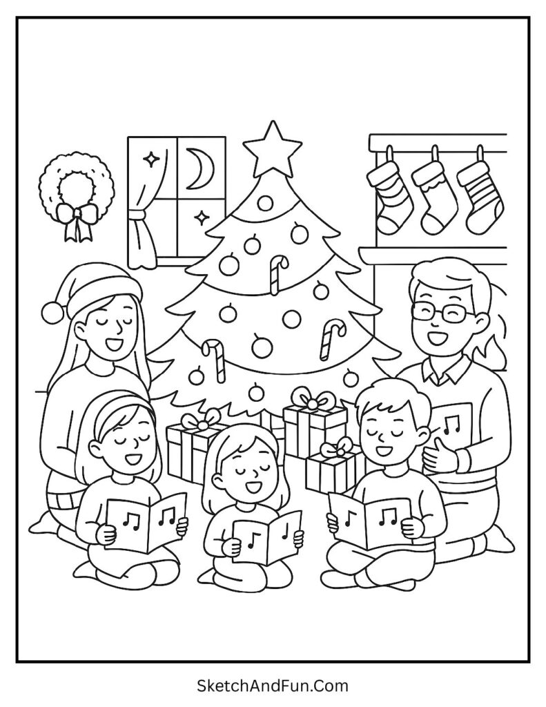 Family gathered singing near tree for christmas tree coloring book pages.