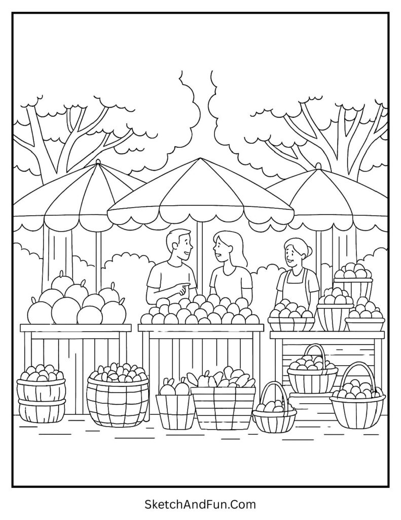 Farmers market with wooden stalls for little shop coloring pages.