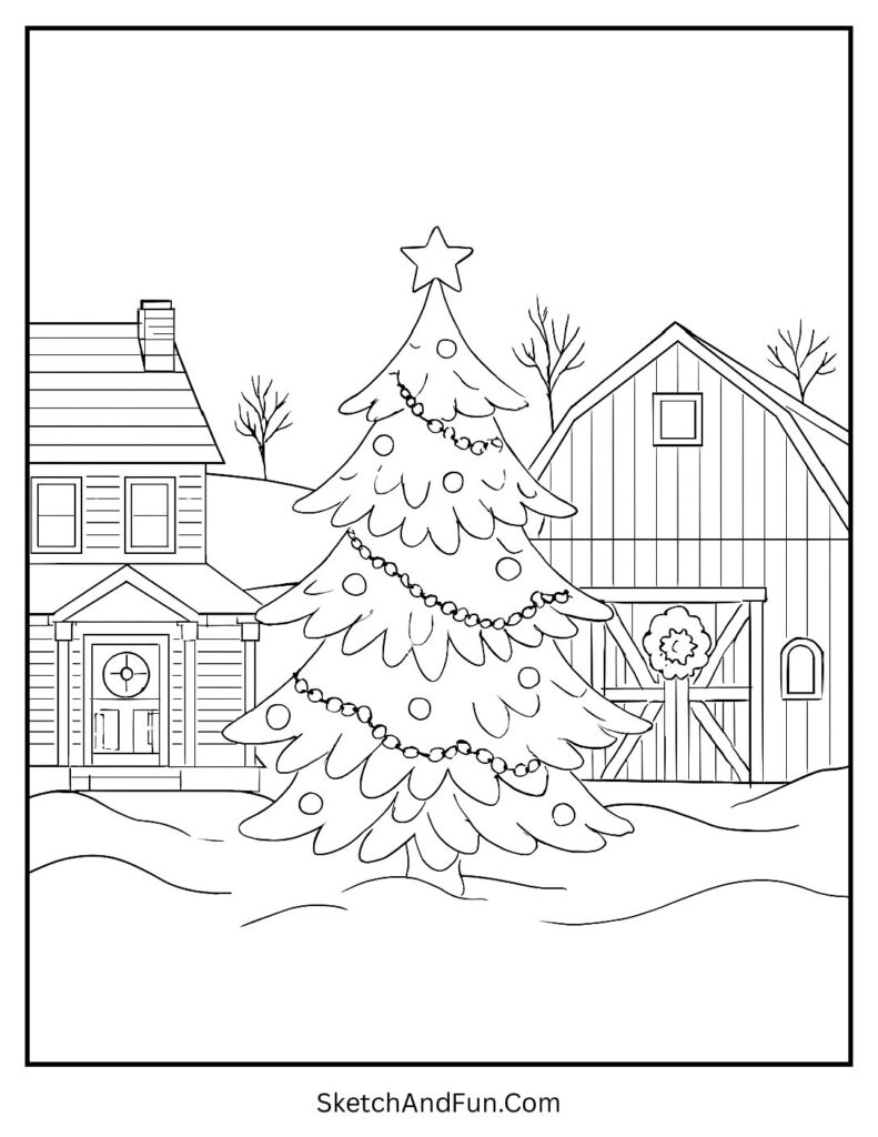 Rustic outdoor tree by barn for christmas tree coloring page for adults.
