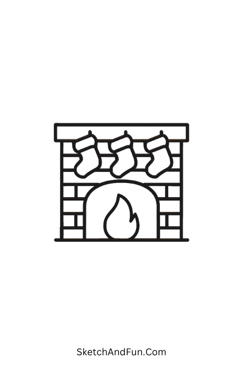 Fireplace drawing Christmas – Warm fireplace with stockings, cozy for festive Christmas drawing themes.