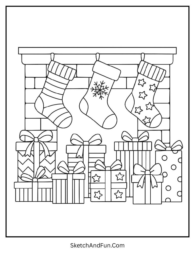Fireplace gifts and stockings in cozy coloring pages digital download