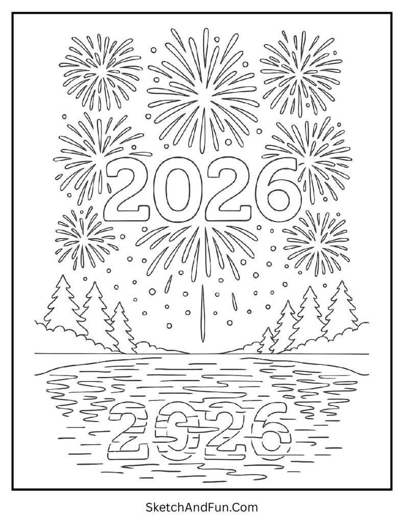 Fireworks over calm lake – easy new year coloring pages
