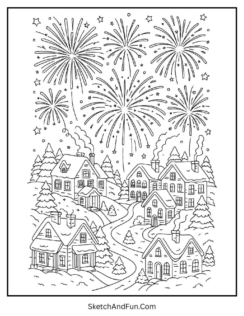 Fireworks above snowy town – new year fireworks coloring page free
