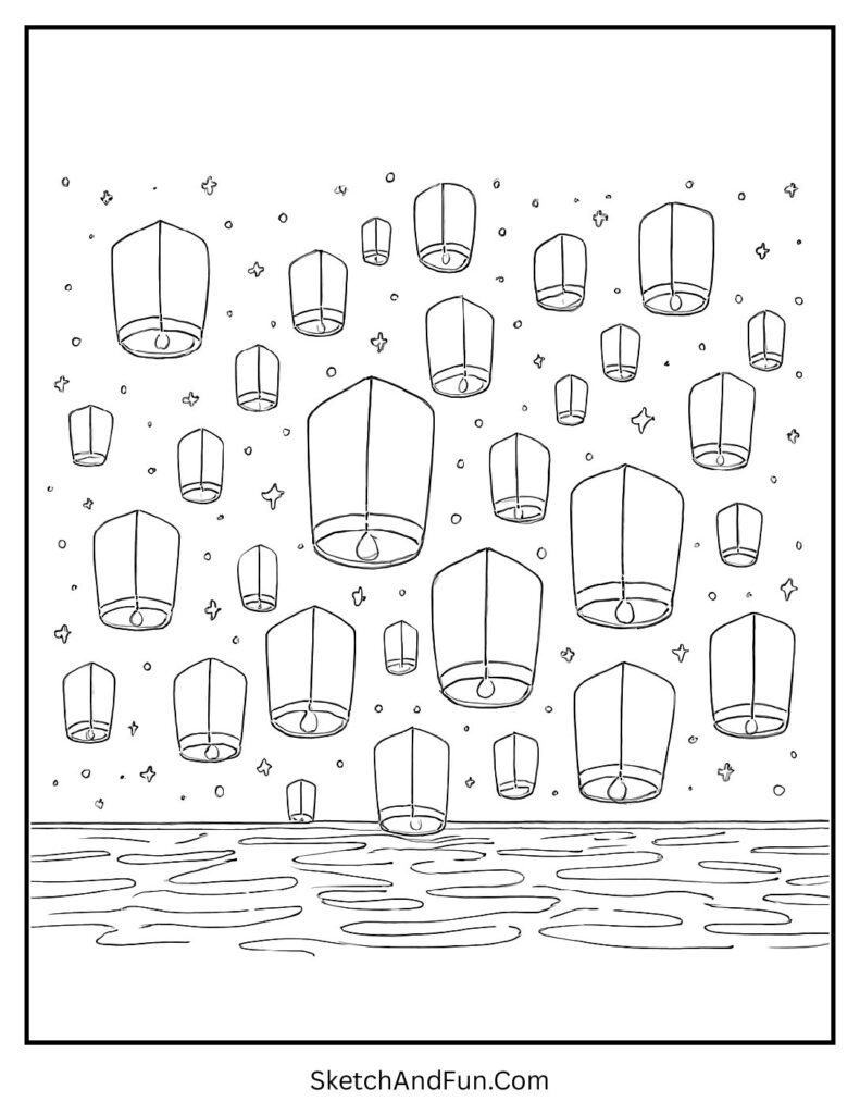 Lanterns floating into a starry sky for aesthetic holiday coloring pages printable.