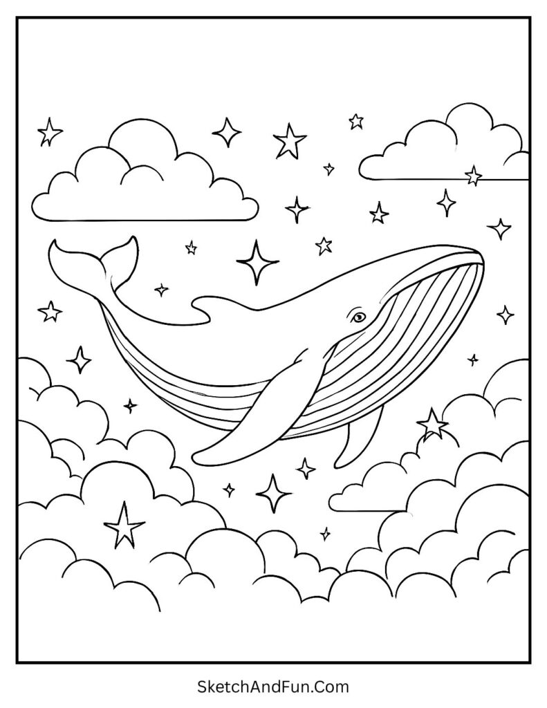 Floating whale among clouds for aesthetic coloring pages teen.