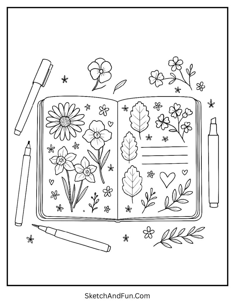Open journal with pressed flowers for floral aesthetic coloring pages.