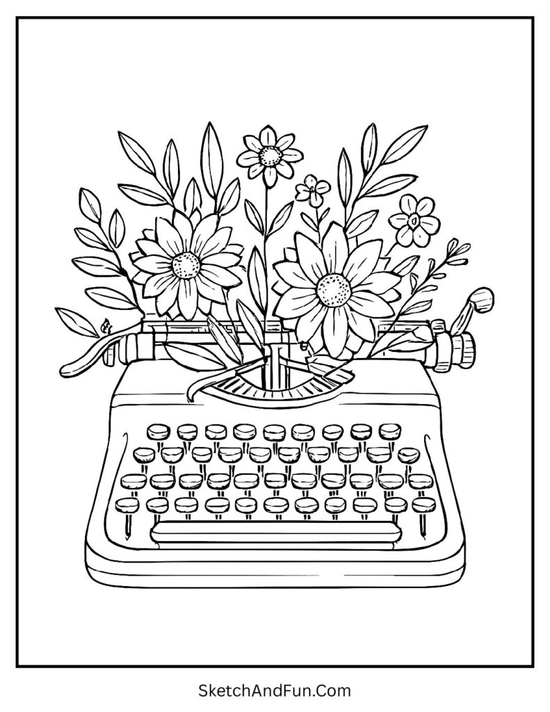 Floral-filled vintage typewriter for aesthetic coloring pages digital download.