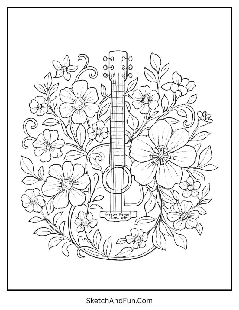 Guitar wrapped in flowers for aesthetic coloring pages holiday theme.