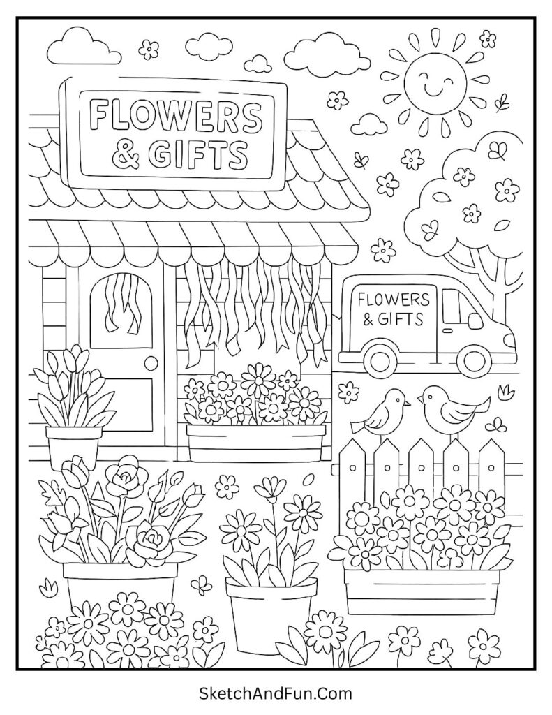 Flower and gift shop coloring page with colorful blooms and spring vibe
