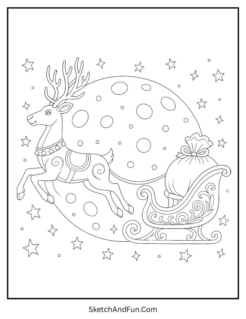 Reindeer flying over moon with Santa’s sleigh – reindeer with sleigh coloring pages