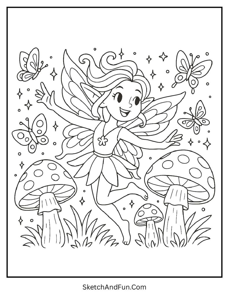 Forest scene with fairy among mushrooms and lights for fairy coloring pages free printable.