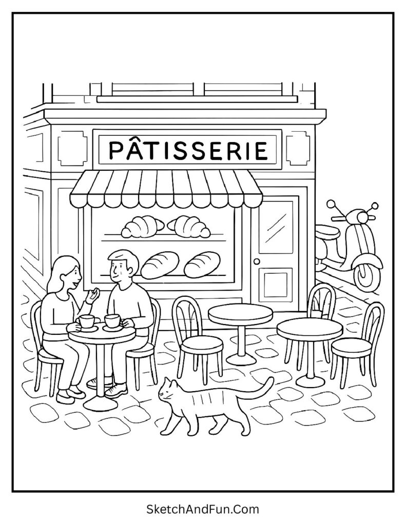 French pâtisserie with croissants and scooters for café storefront coloring page.