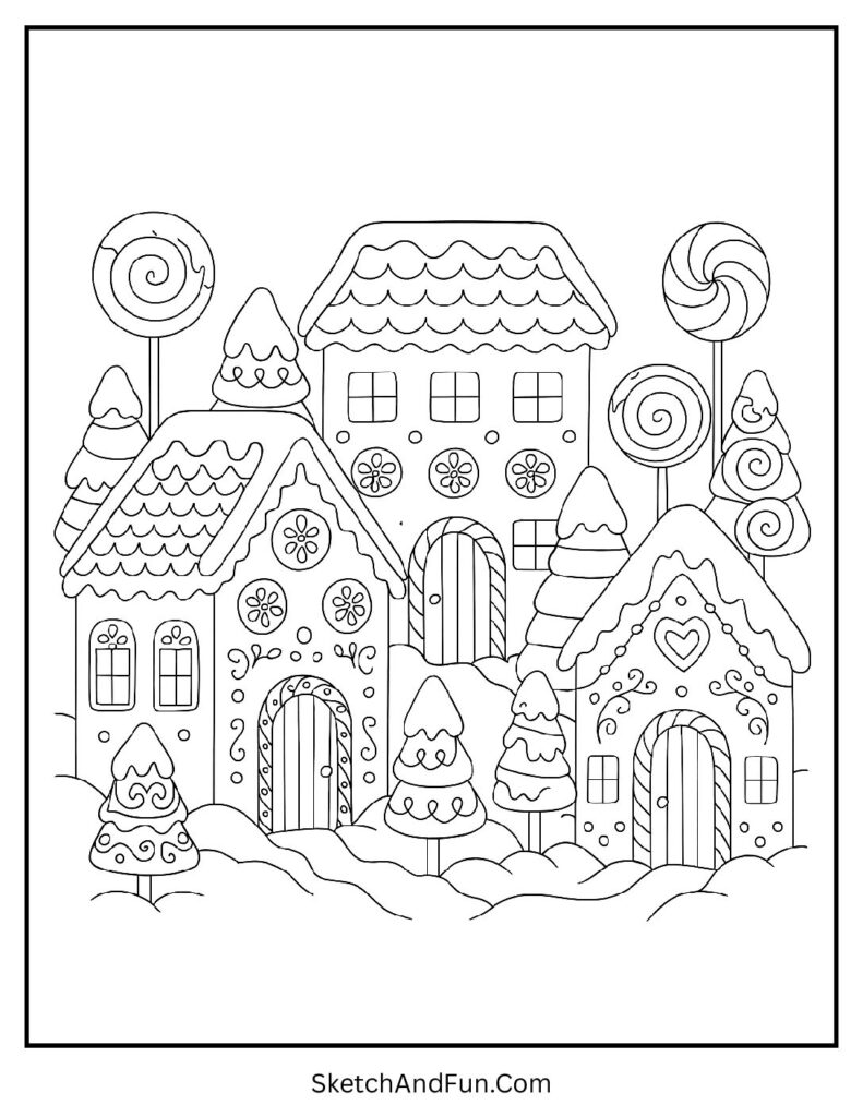Gingerbread houses with candy roofs for winter & Christmas coloring pages free.
