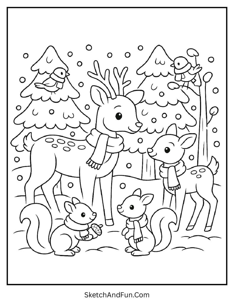 Forest animals in snow for winter forest coloring pages.