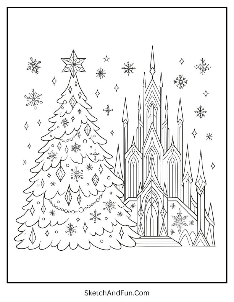 Sparkly crystal tree by ice castle for christmas tree coloring page themes.