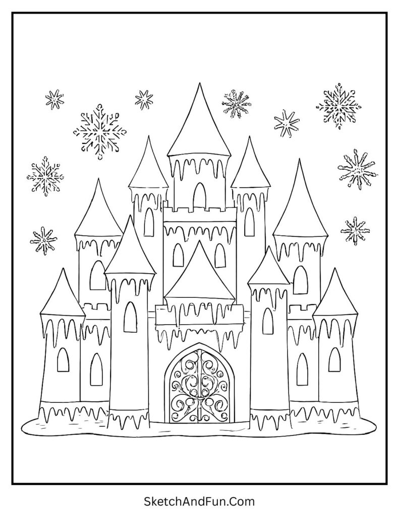 Icy castle with glitter towers for winter coloring pages for everyone.