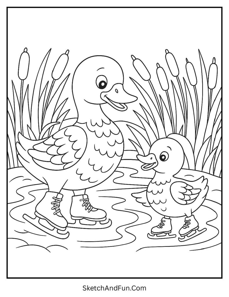 Ducks skating on frozen pond for winter coloring pages with scenes.