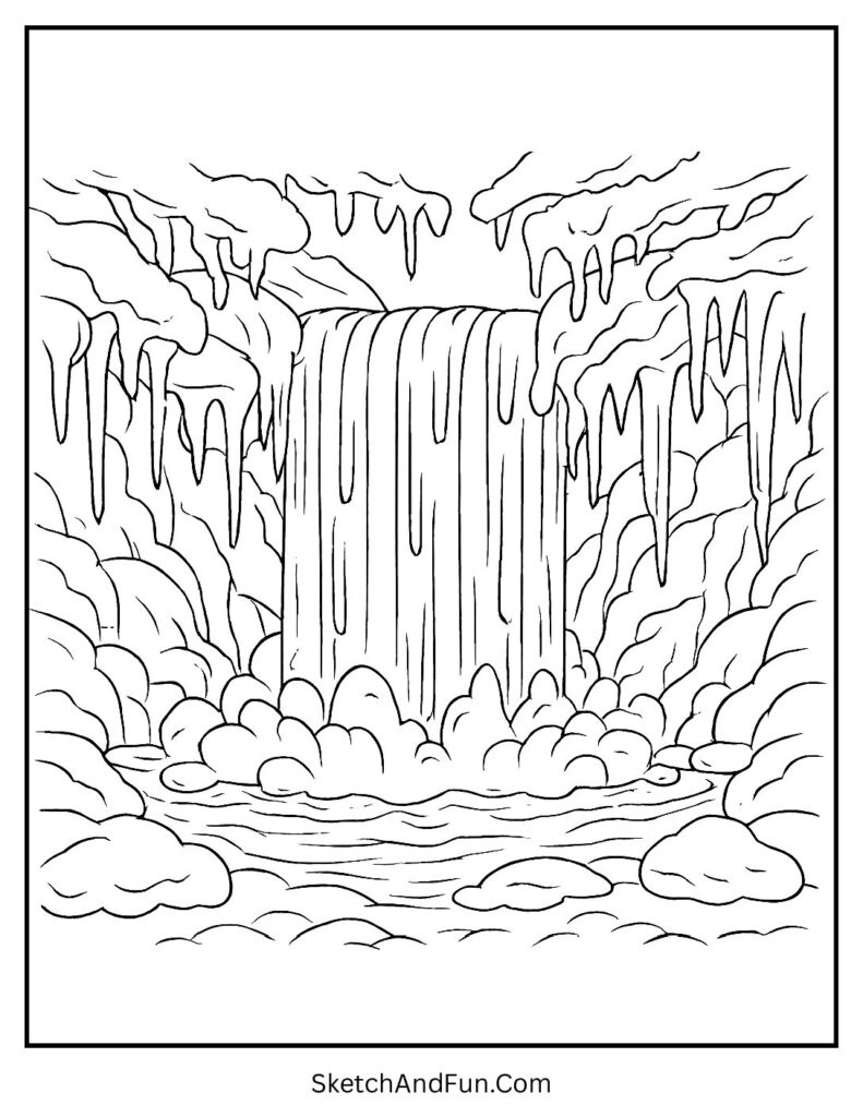 Frozen waterfall surrounded by snow for winter landscapes coloring pages.