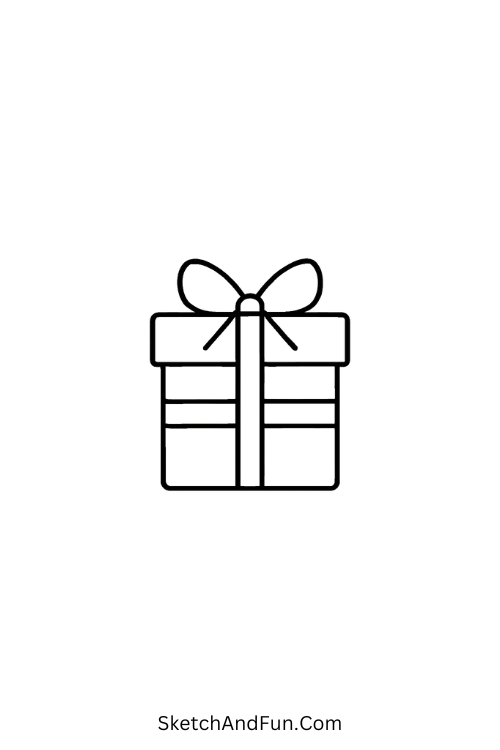 Christmas present drawing featuring a square gift box tied with a pretty ribbon.
