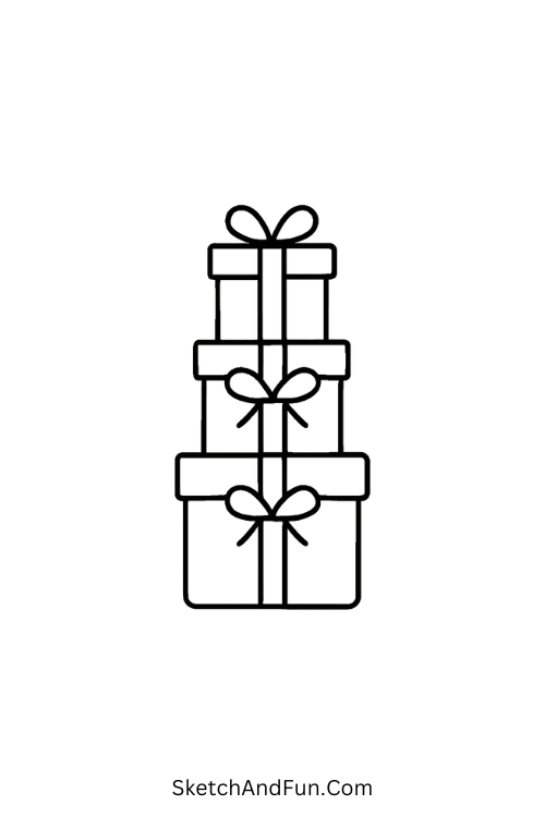 Aspiring Christmas drawing ideas featuring a tower of stacked gift boxes.