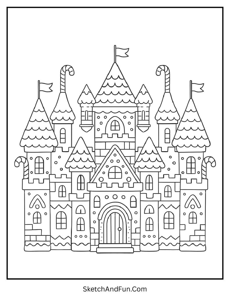 Royal gingerbread castle designed as a large gingerbread house coloring page.