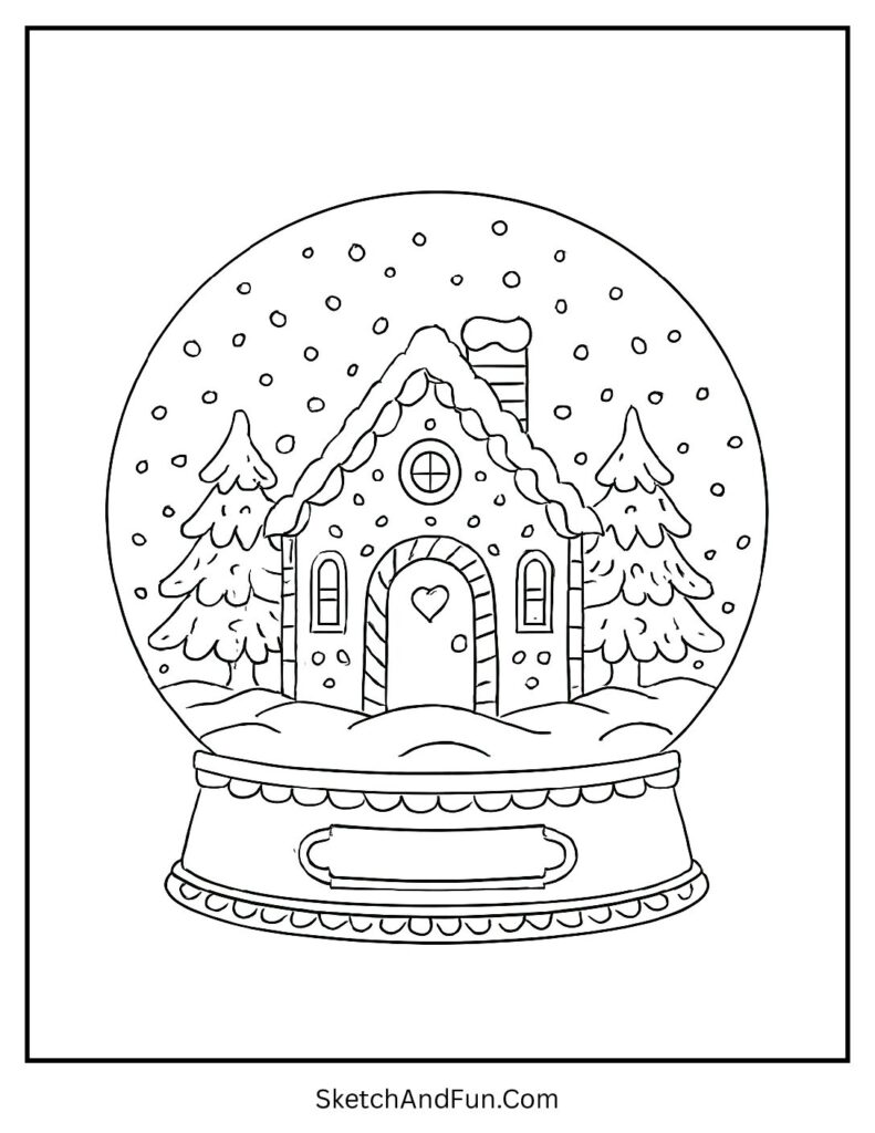 Magical snow globe with house as a gingerbread house coloring page PDF free.