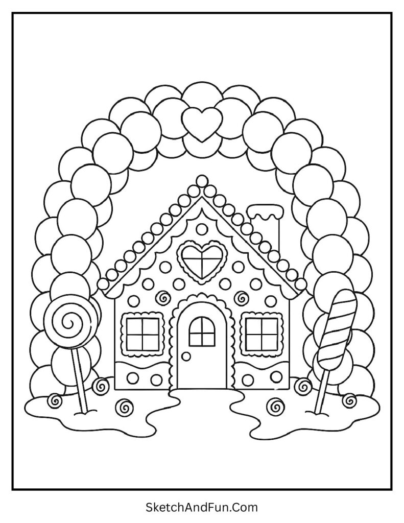 Candy balloon arch shown in a gingerbread house coloring pages online.
