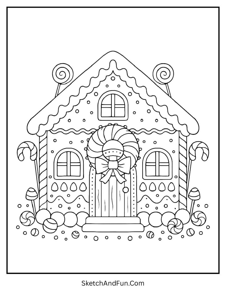 Big candy wreath above the door in a gingerbread house coloring page easy for preschool.