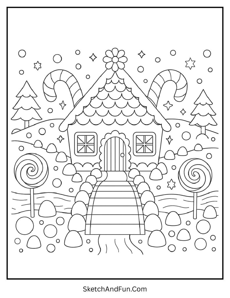 Candy bridge path in a printable gingerbread house coloring page.