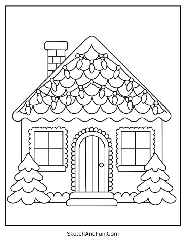 Rooftop lights shining in a gingerbread house coloring page template design.