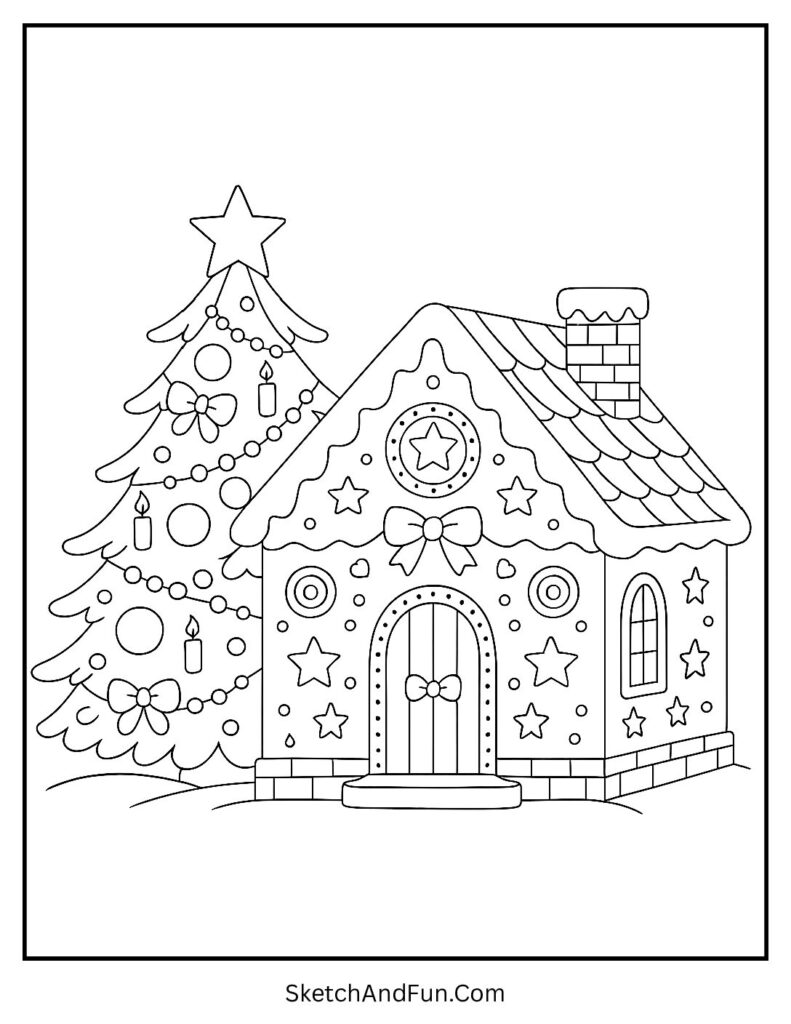 Festive gingerbread house with Christmas tree as one of the best gingerbread house coloring pages.