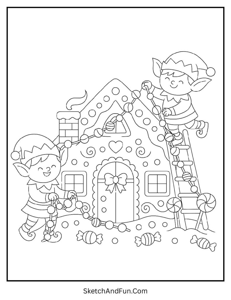 Elf helpers decorating candy garlands in a gingerbread house coloring page activity.