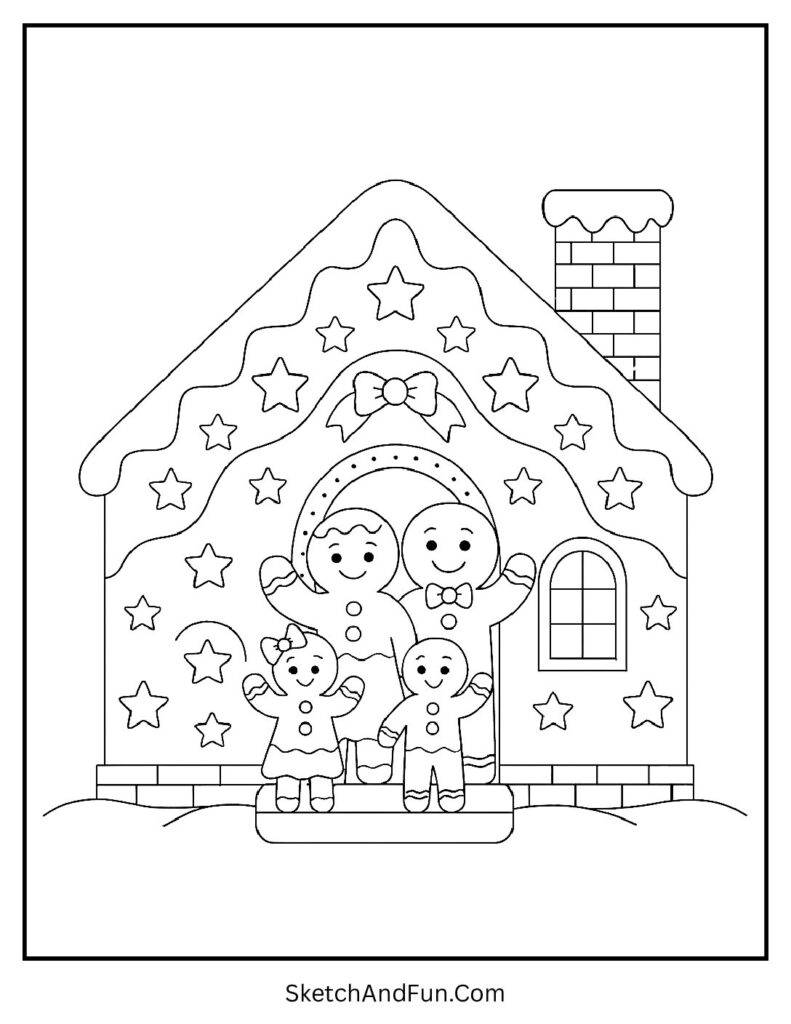 Gingerbread family at the door in a gingerbread house coloring page kids printable design.