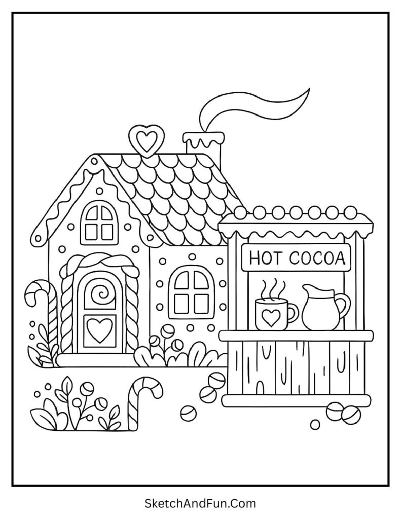 Hot cocoa stand included in gingerbread house coloring pages printable.