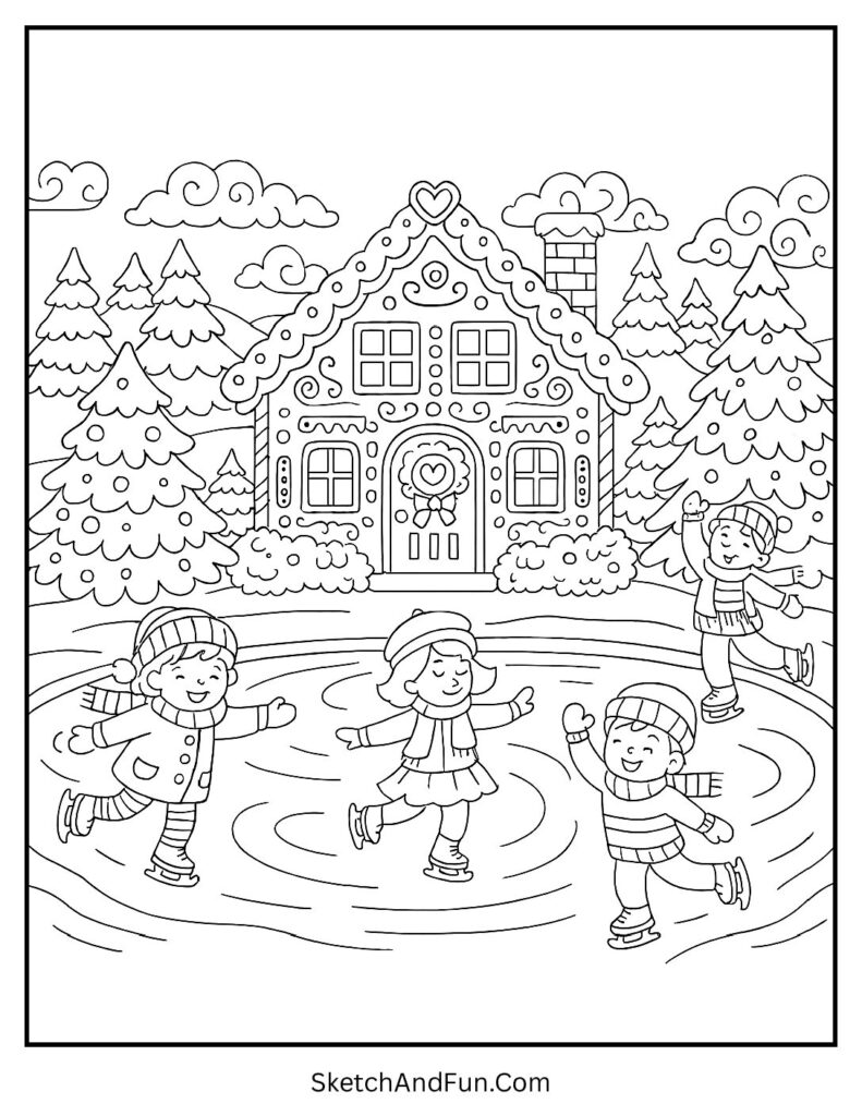 Kids skating pond featured in gingerbread house coloring pages pdf design.