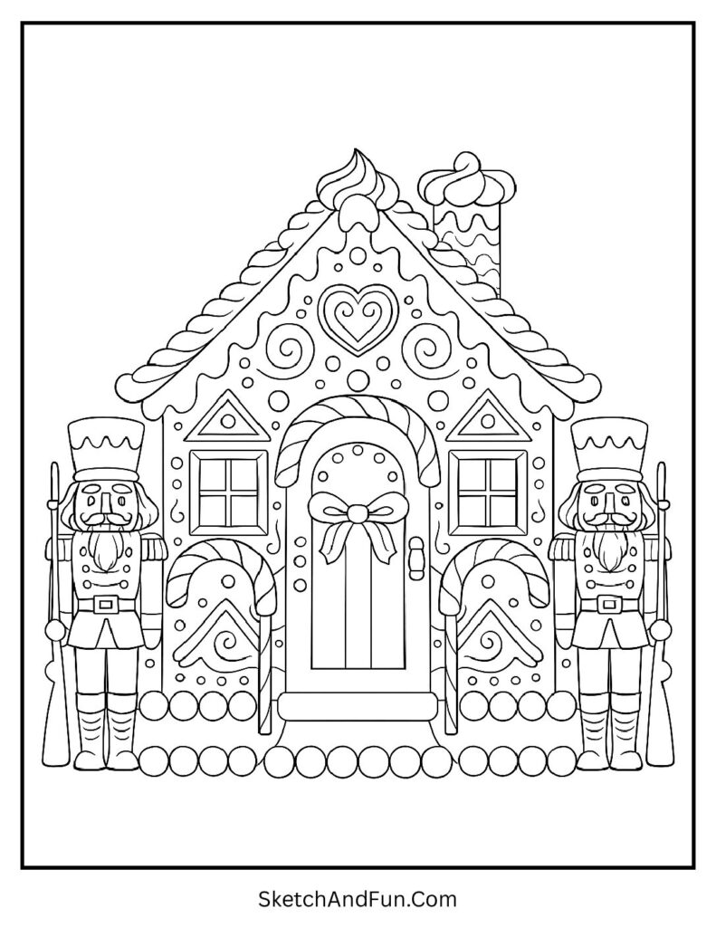 Nutcracker guards shown in a gingerbread house coloringpages outline.