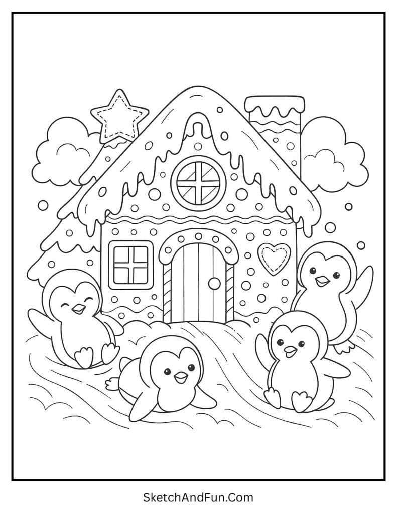 Penguins sliding by roof in a gingerbread house coloring sheet simple design.