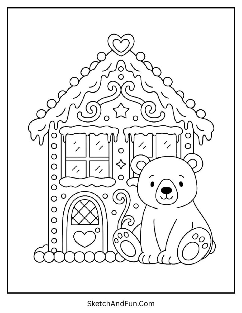 Playful polar bear beside windows in a gingerbread house coloring page free.