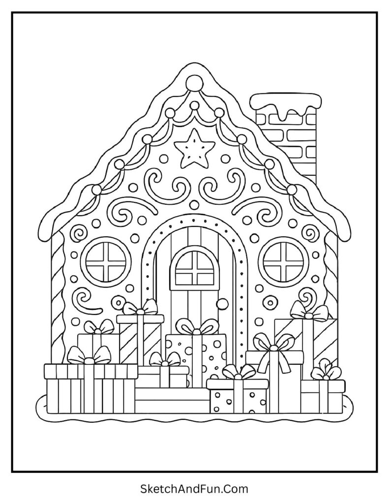 Wrapped presents at the doorstep in a gingerbread house coloring page full page.