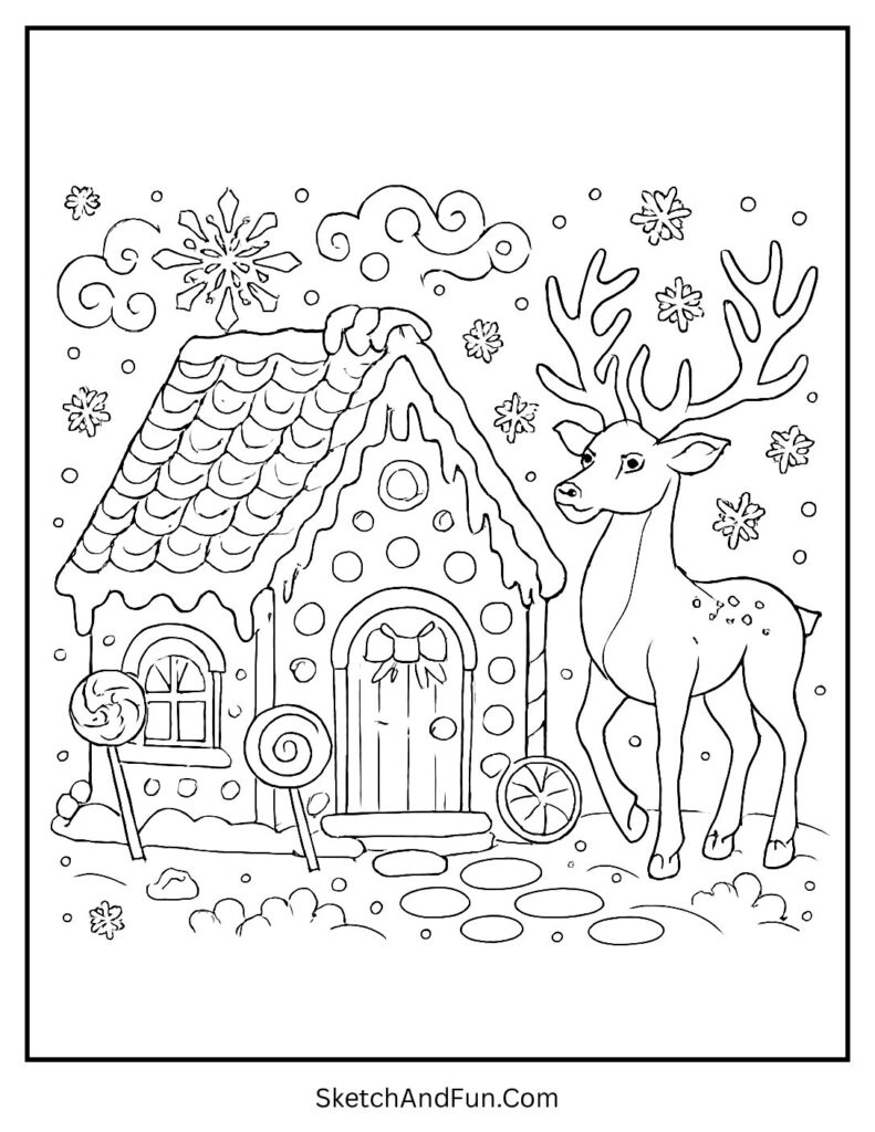 Reindeer standing proudly in a gingerbread house coloring sheet free for kids.