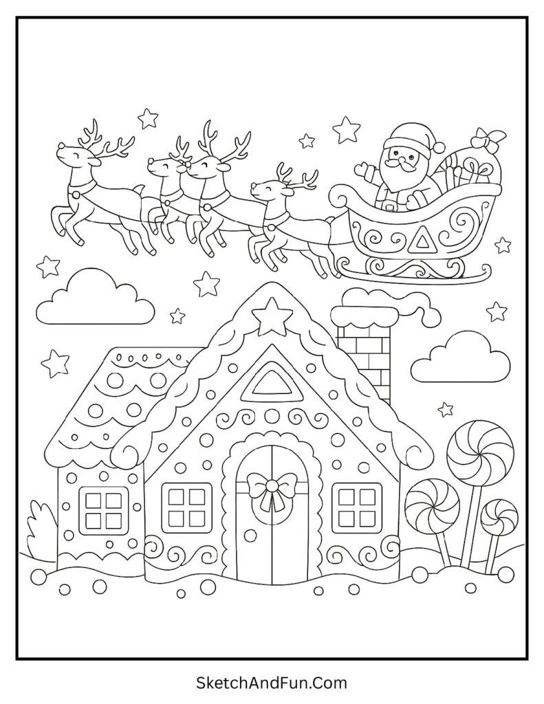 Santa’s sleigh flying above in a gingerbread house coloring page Christmas design.